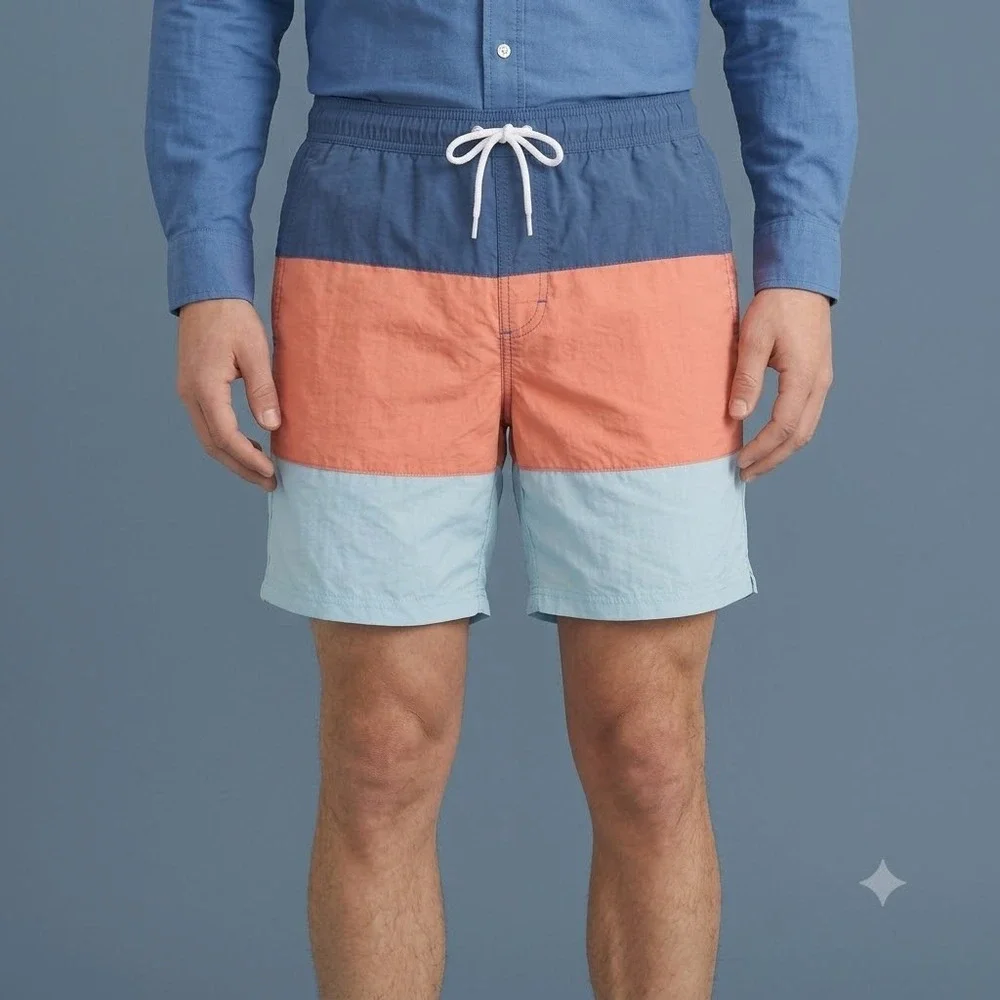 J. Crew Swimwear Trunks Mens M Colorblock Blue‎ Orange Mesh Lined Beach Swim